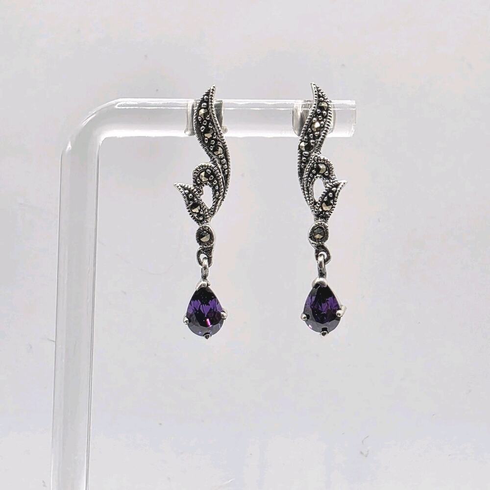 Vintage Sterling Silver 925 Marcasite Purple CZ Dangling Earrings